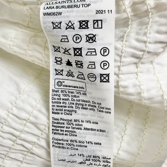 All Saints Women’s Lara Off The Shoulder Smocked Top Size 8 White Linen Silk - Picture 11 of 13